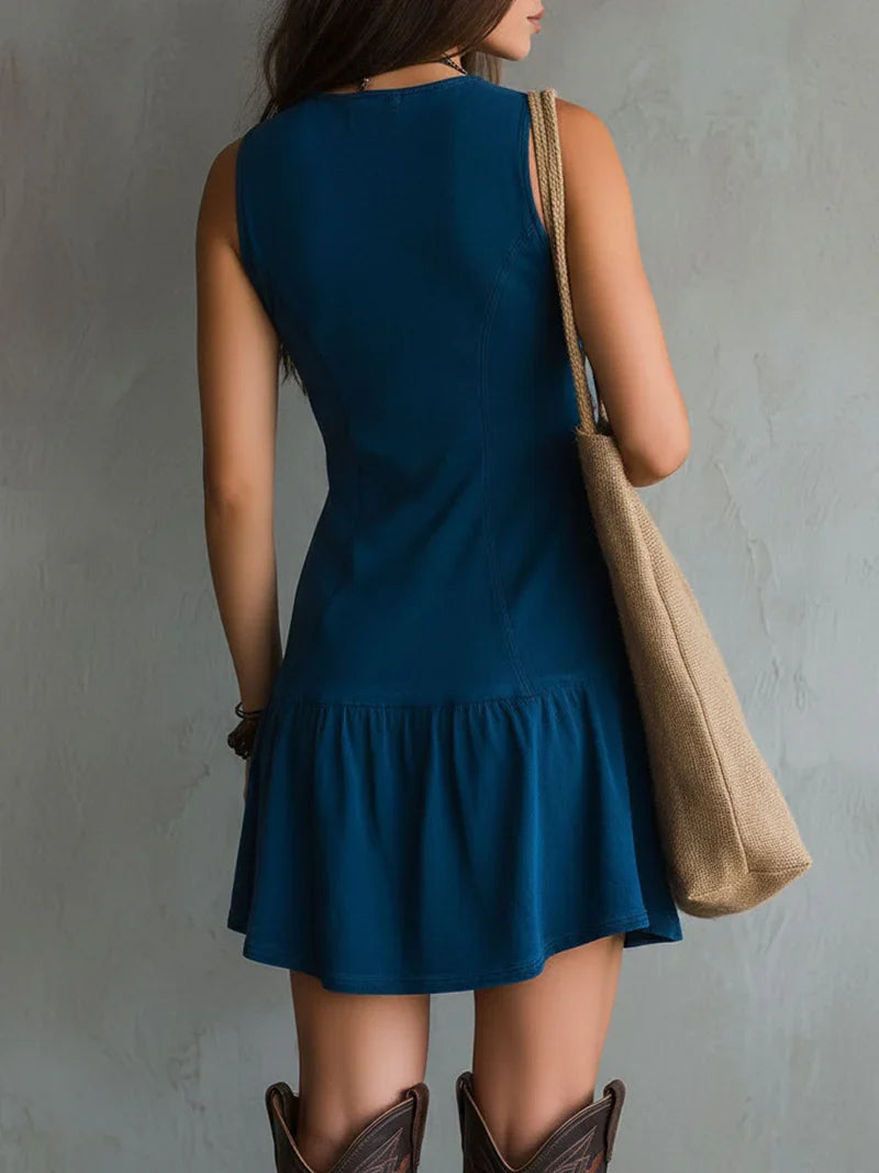 Susana Vestido Mini Bohemio Índigo sin Mangas con Escote en V y Botones