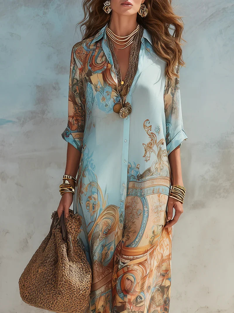 Lourdes Vestido Maxi Azul con Estampado Floral