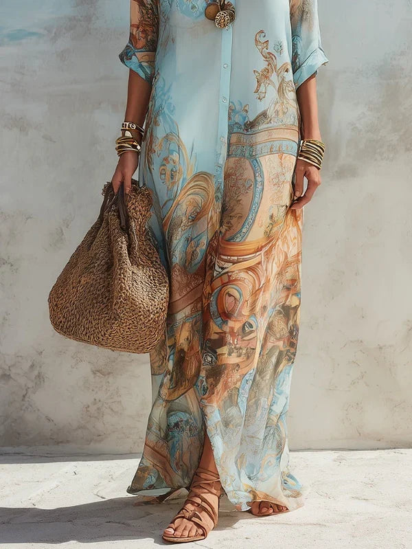 Lourdes Vestido Maxi Azul con Estampado Floral