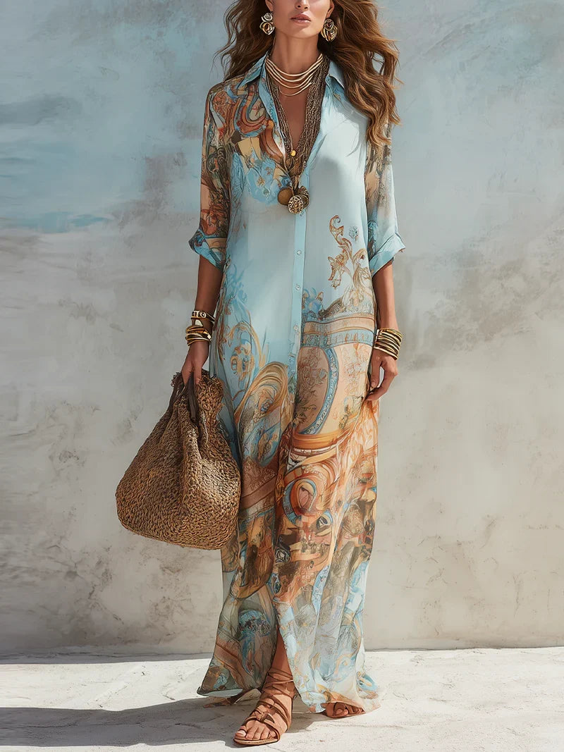 Lourdes Vestido Maxi Azul con Estampado Floral