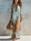 Lourdes Vestido Maxi Azul con Estampado Floral