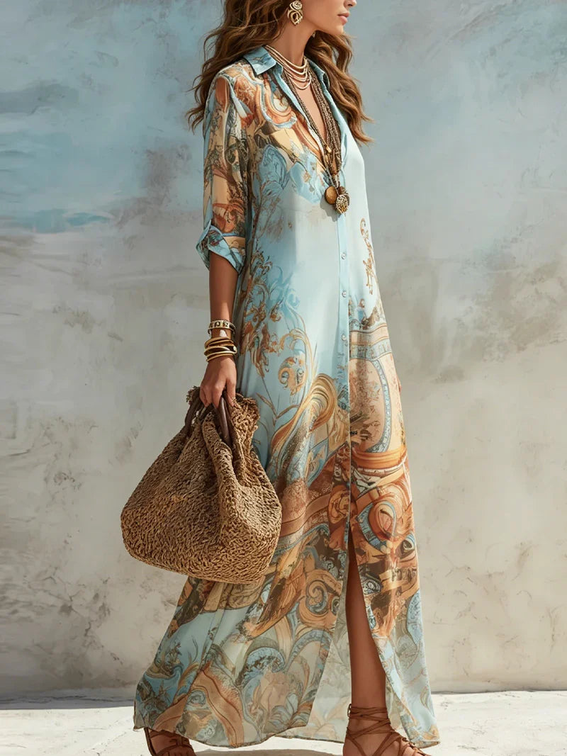 Lourdes Vestido Maxi Azul con Estampado Floral