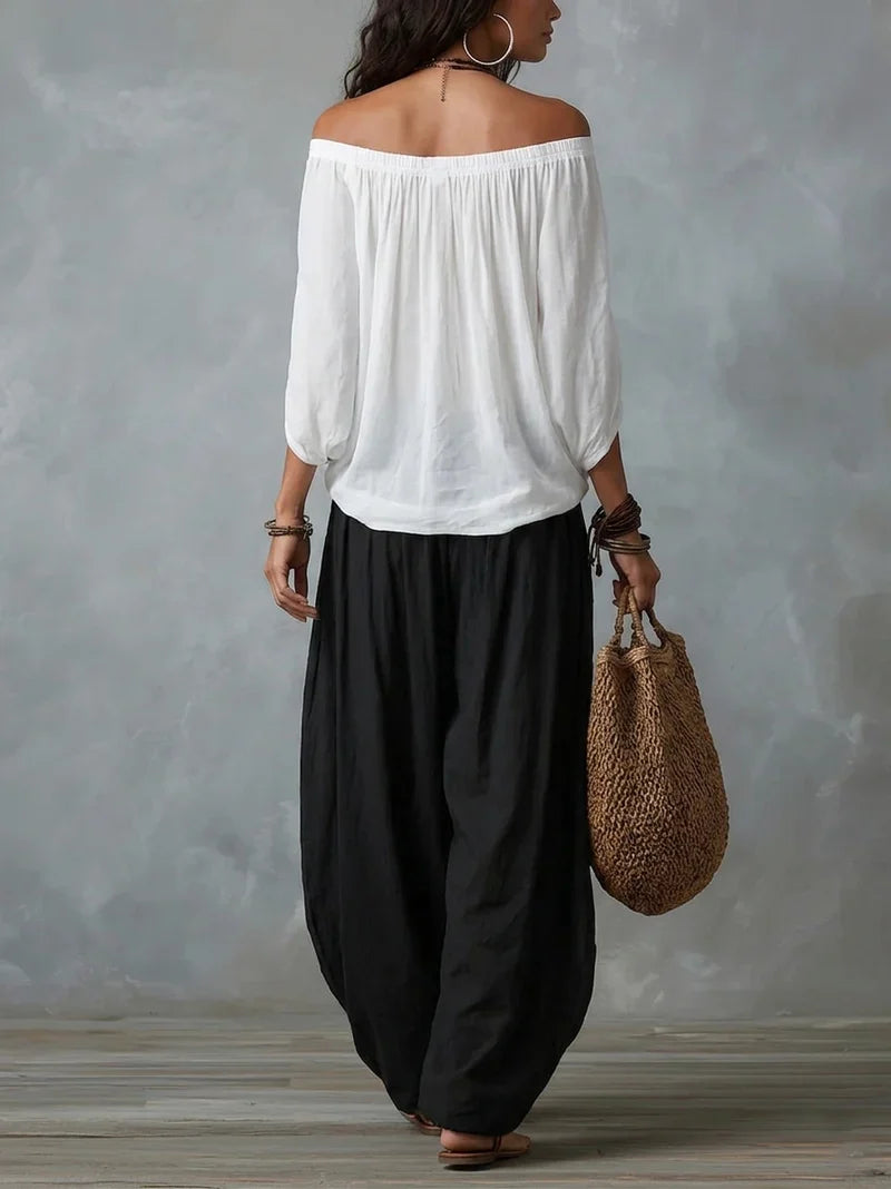 Tamara Conjunto Blanco de Top Bardot y Pantalón Ancho Tipo Farol