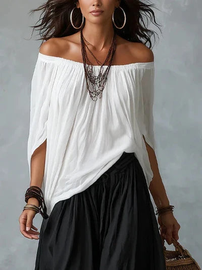 Tamara Conjunto Blanco de Top Bardot y Pantalón Ancho Tipo Farol