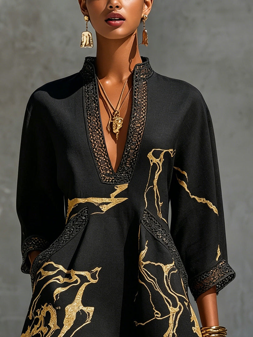 Donatella | Minivestido Negro con Estampado de Mármol Dorado y Encaje de Crochet