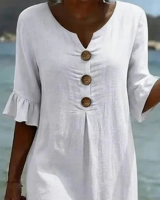 Vestido Texturizado con Mangas Abullonadas y Botones