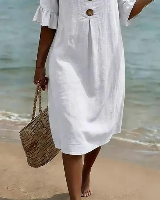 Vestido Texturizado con Mangas Abullonadas y Botones