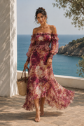 Vestido Maxi de Gasa Rosa con Hombros Descubiertos