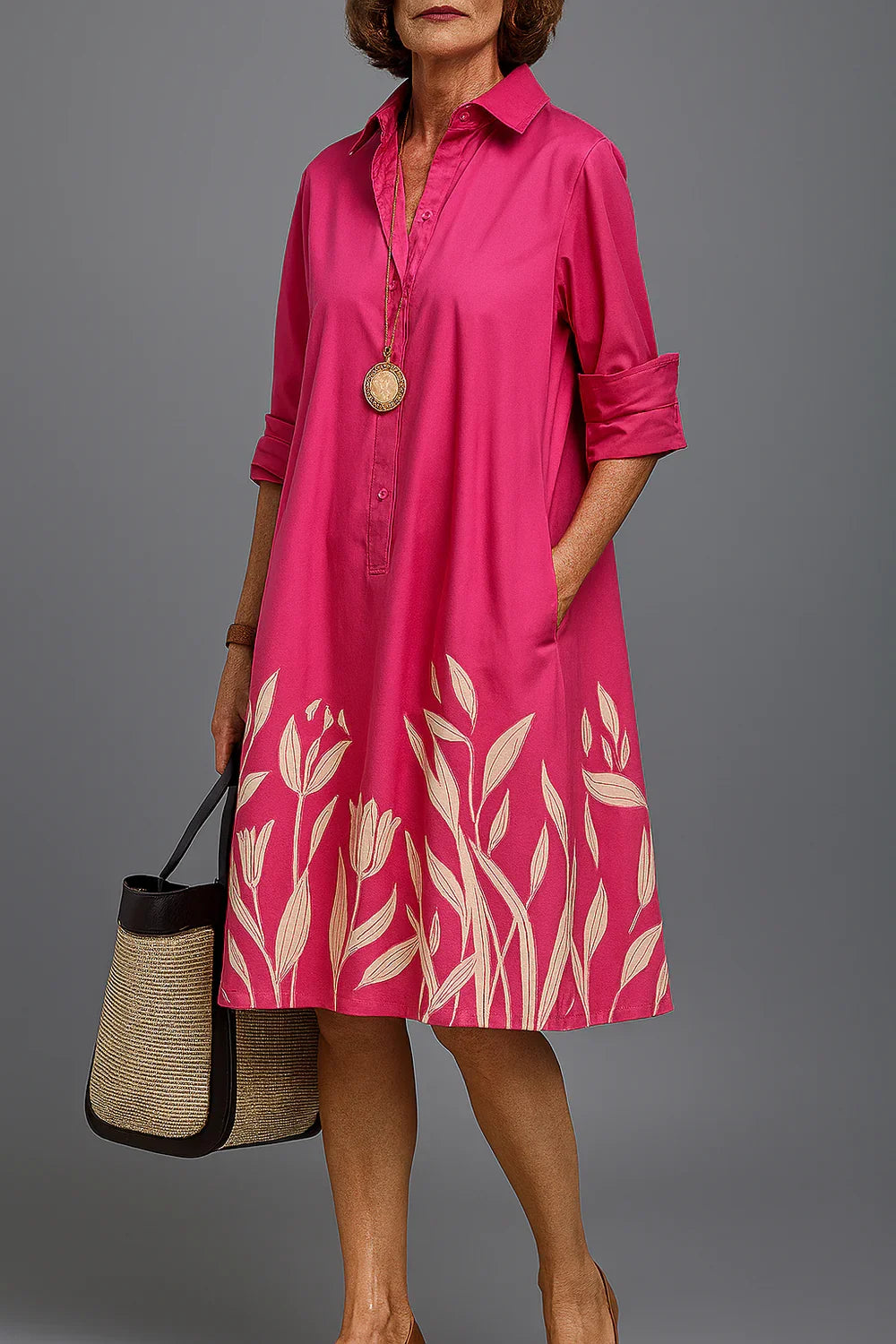Vestido Midi Camisero Floral Rosa