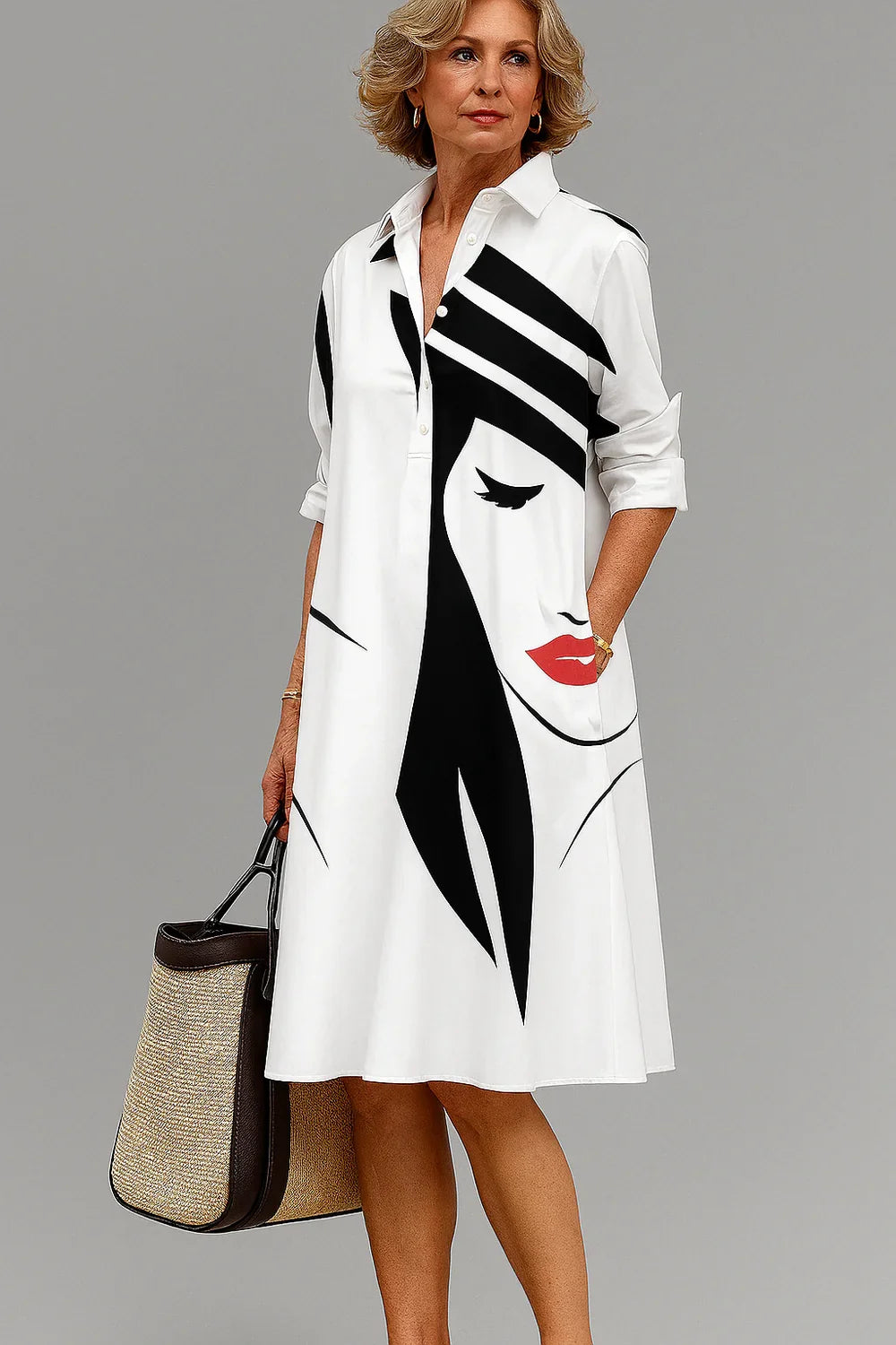 Vestido Midi Camisero con Retrato