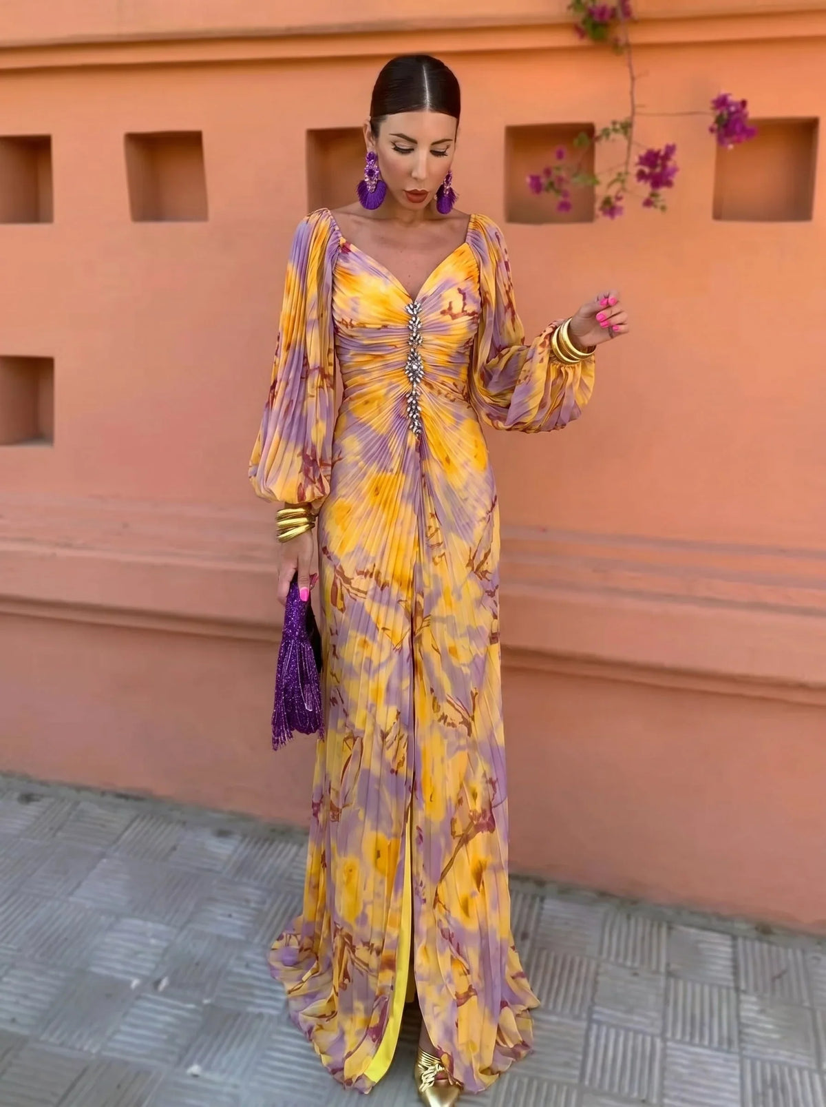 Aitana Vestido Maxi Estampado con Fruncido Central