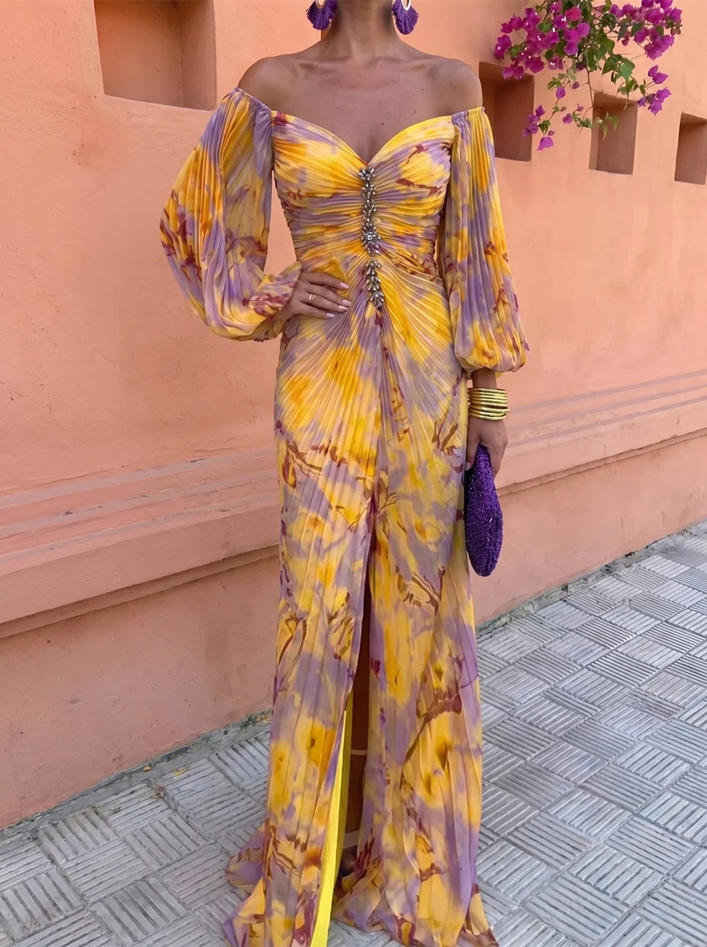 Aitana Vestido Maxi Estampado con Fruncido Central