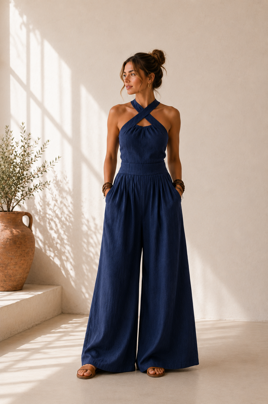 Bianca™ | Mono de Lino y Algodón con Escote Cruzado Elegante