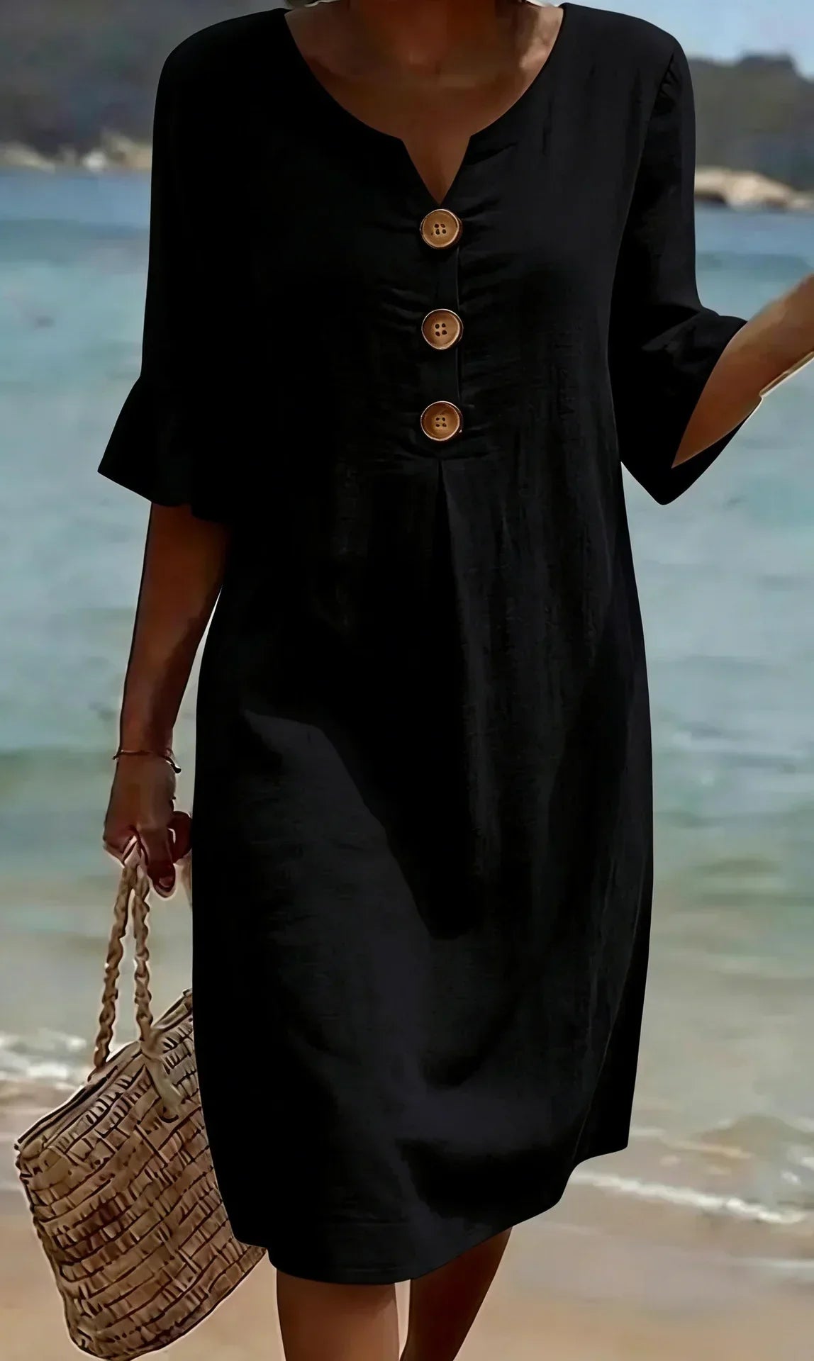 Vestido Texturizado con Mangas Abullonadas y Botones