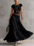Vega Conjunto de Top de Encaje Negro Semitransparente y Falda Maxi Plisada