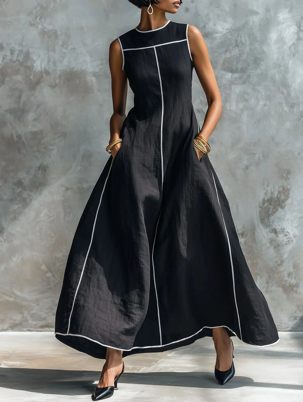 Carlota Vestido Maxi Negro con Ribetes en Contraste