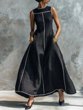Carlota Vestido Maxi Negro con Ribetes en Contraste