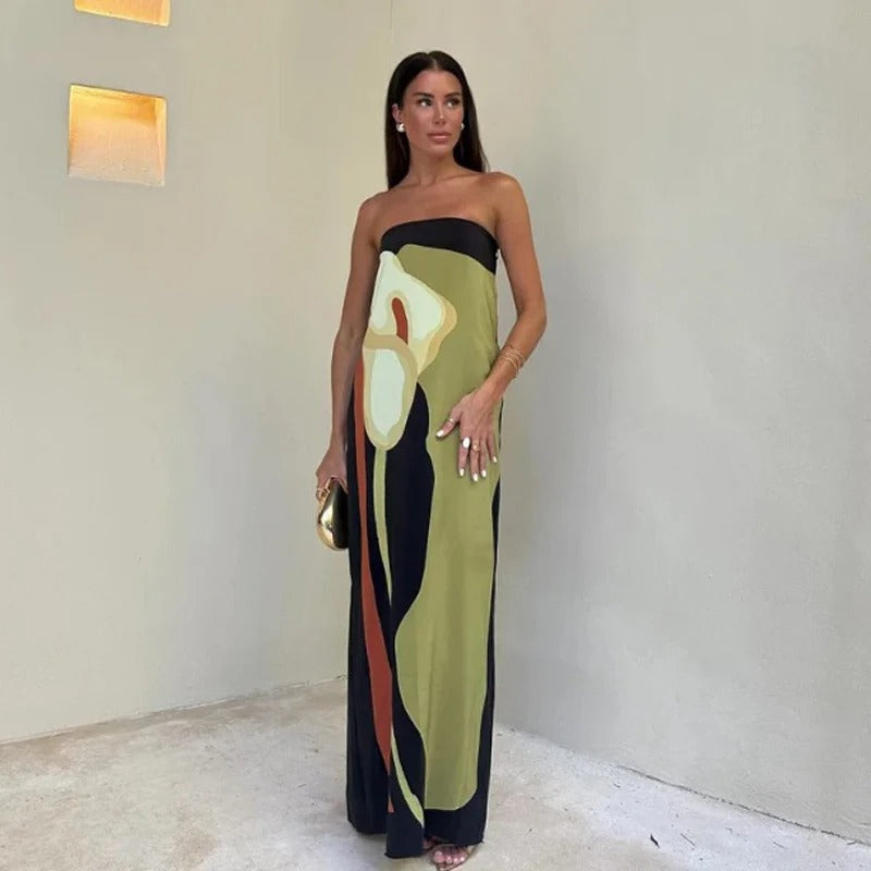 Aurelia Vestido Maxi Palabra de Honor con Estampado Artístico