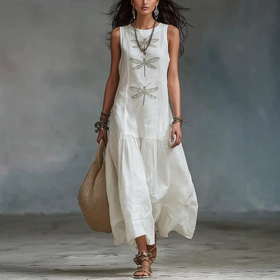 Daniela Vestido Midi Bohemio con Estampado de Libélulas