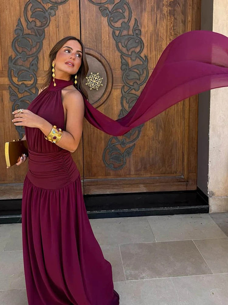 Elena Vestido Maxi Halter con Cintura Fruncida
