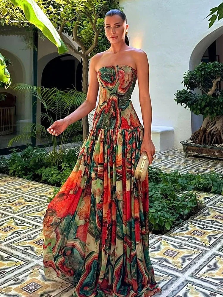 Isadora Vestido Maxi Palabra de Honor con Estampado Artístico