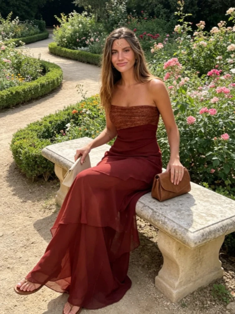 Marina Vestido Maxi Palabra de Honor con Falda de Volantes