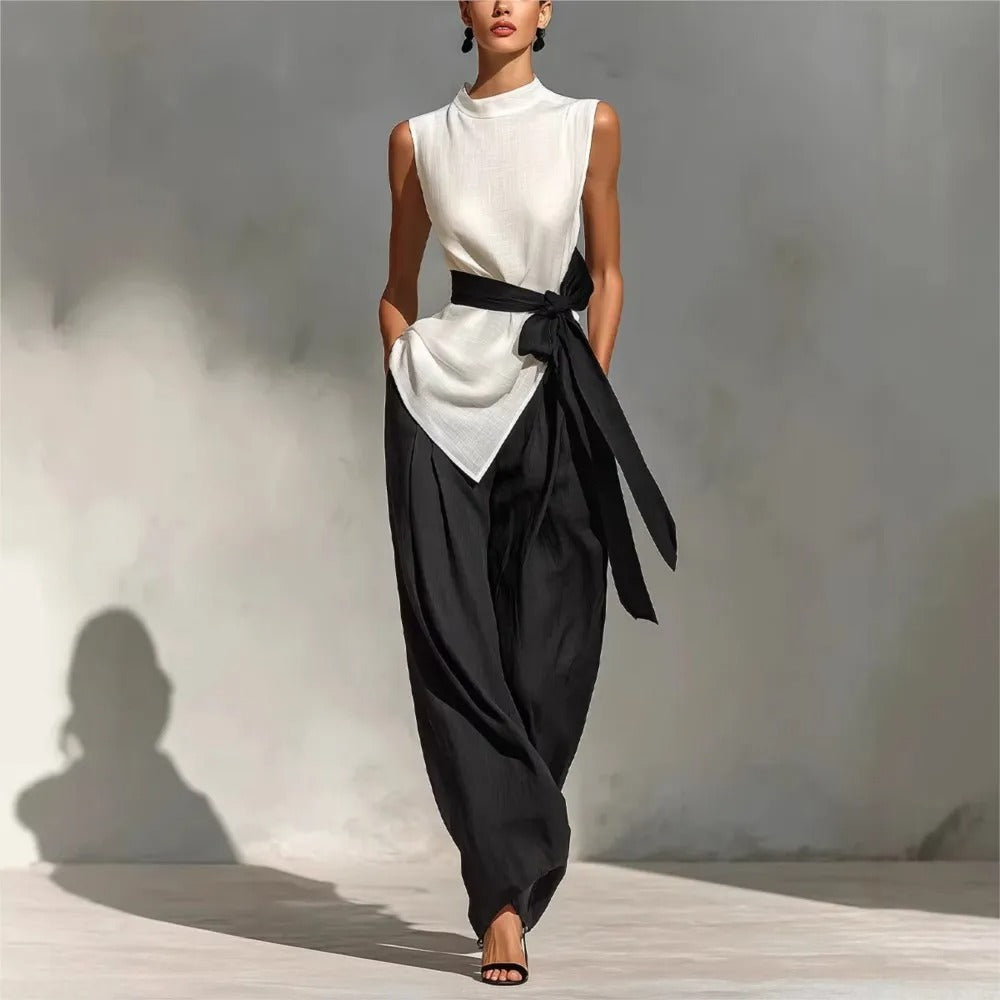 Claudia Conjunto Elegante Bicolor con Top Asimétrico y Pantalón Ancho