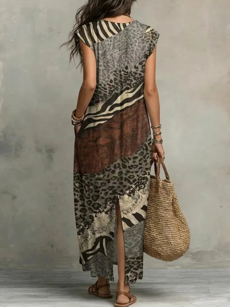 Sabina Vestido Maxi Bohemio con Estampado Animal y Volantes