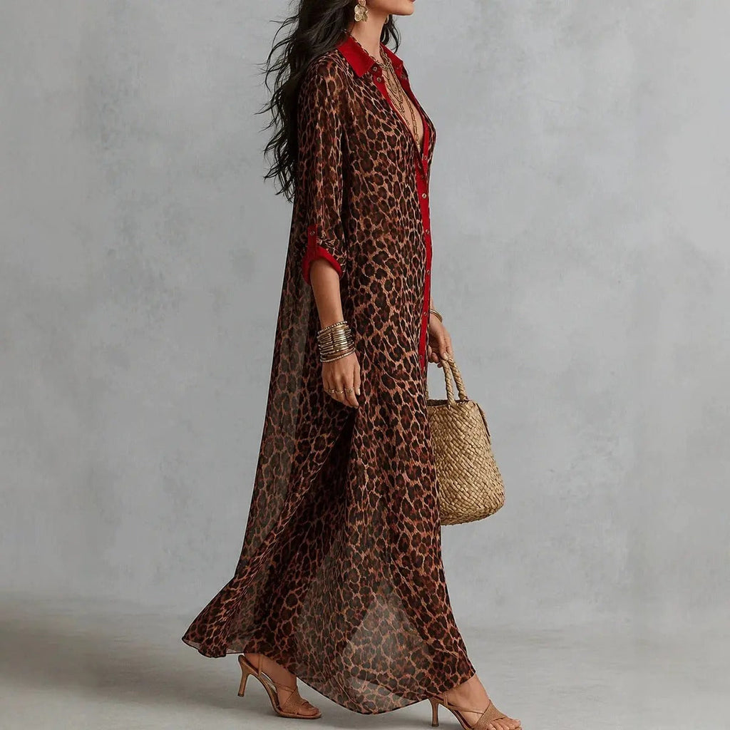 Valentina Vestido Maxi Camisero con Estampado Leopardo y Detalles en Contraste