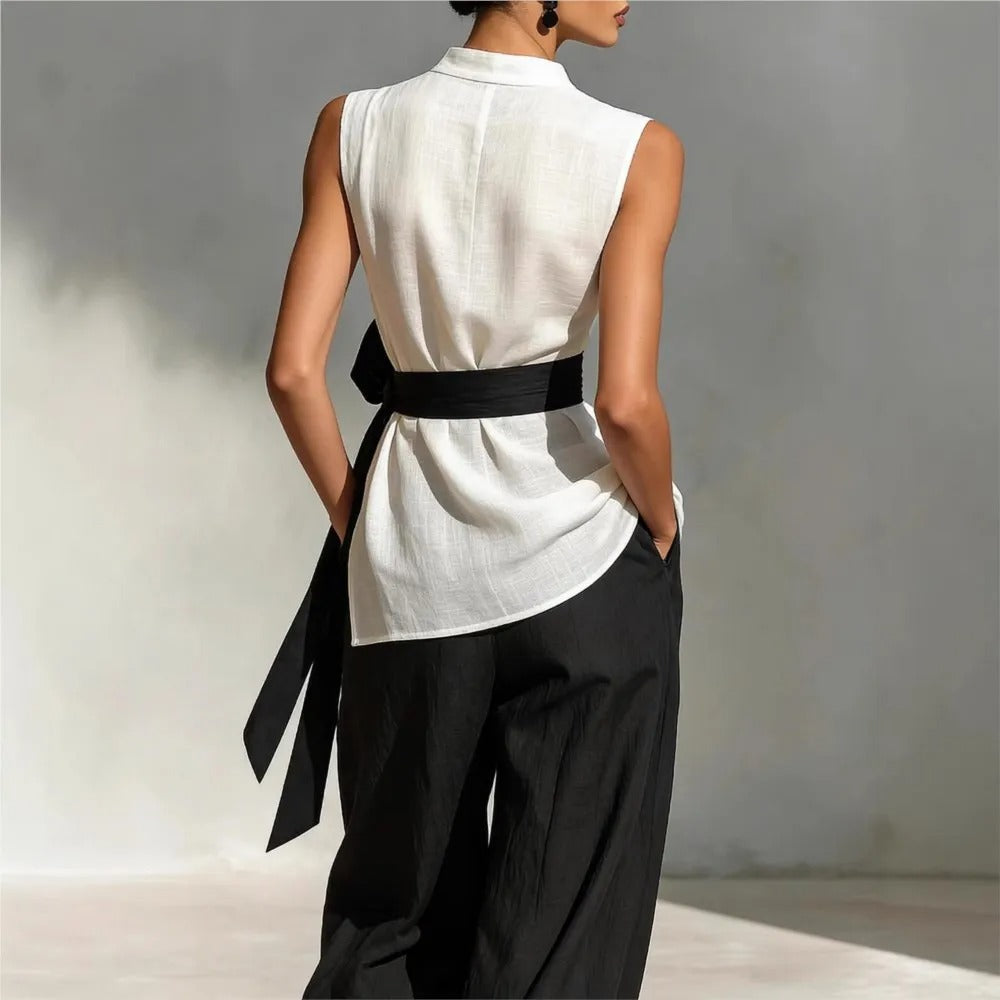 Claudia Conjunto Elegante Bicolor con Top Asimétrico y Pantalón Ancho