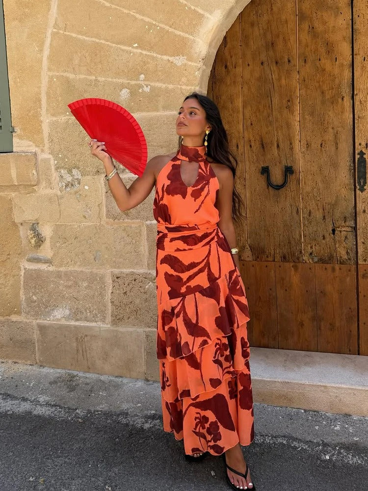 Amélie Vestido Maxi Halter Floral con Falda de Volantes