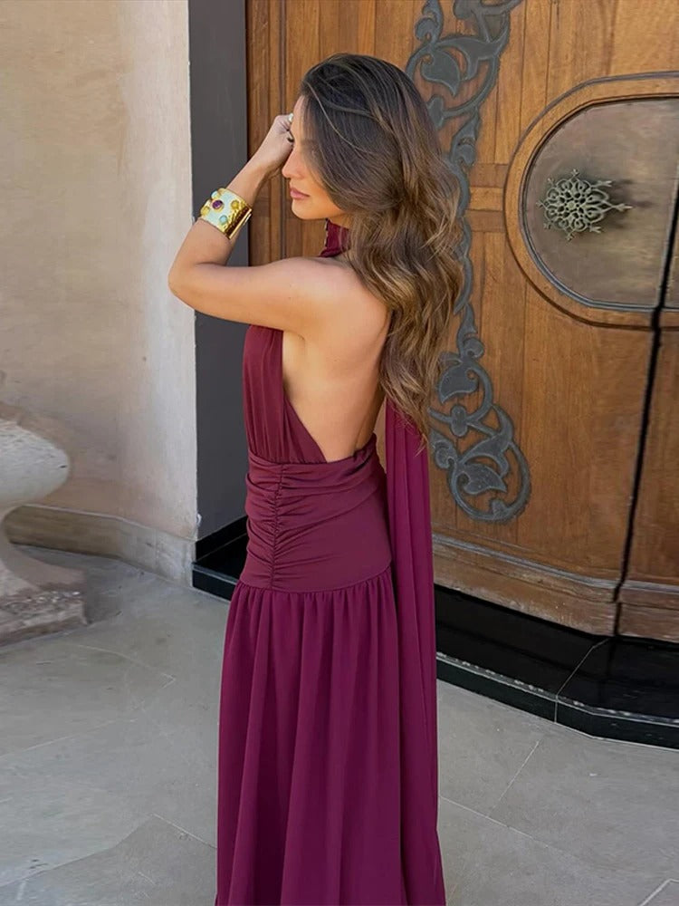 Elena Vestido Maxi Halter con Cintura Fruncida