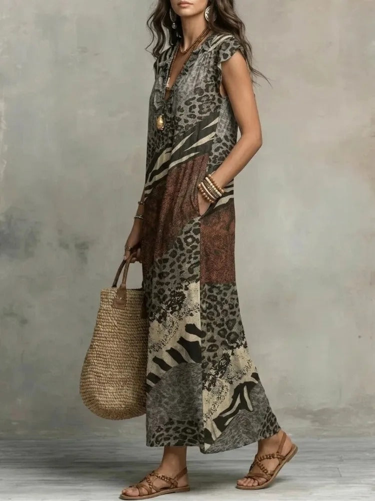 Sabina Vestido Maxi Bohemio con Estampado Animal y Volantes