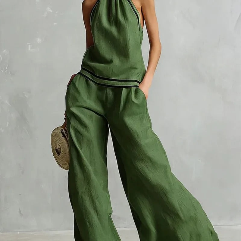 Blanca Conjunto de Dos Piezas con Top Halter y Pantalón Palazzo