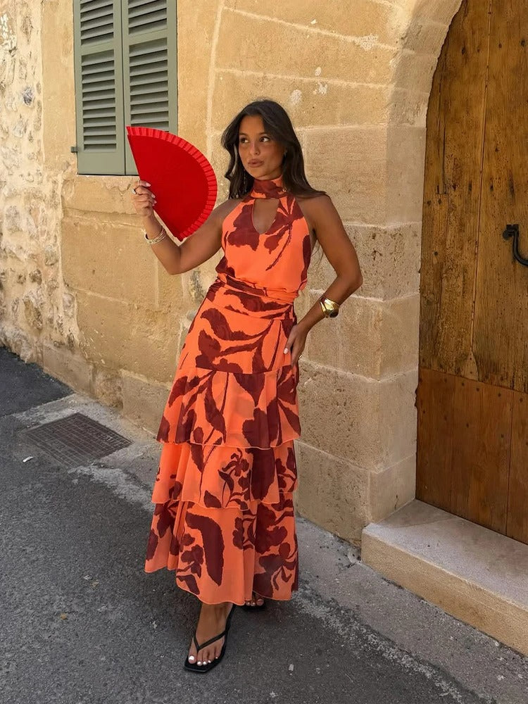 Amélie Vestido Maxi Halter Floral con Falda de Volantes