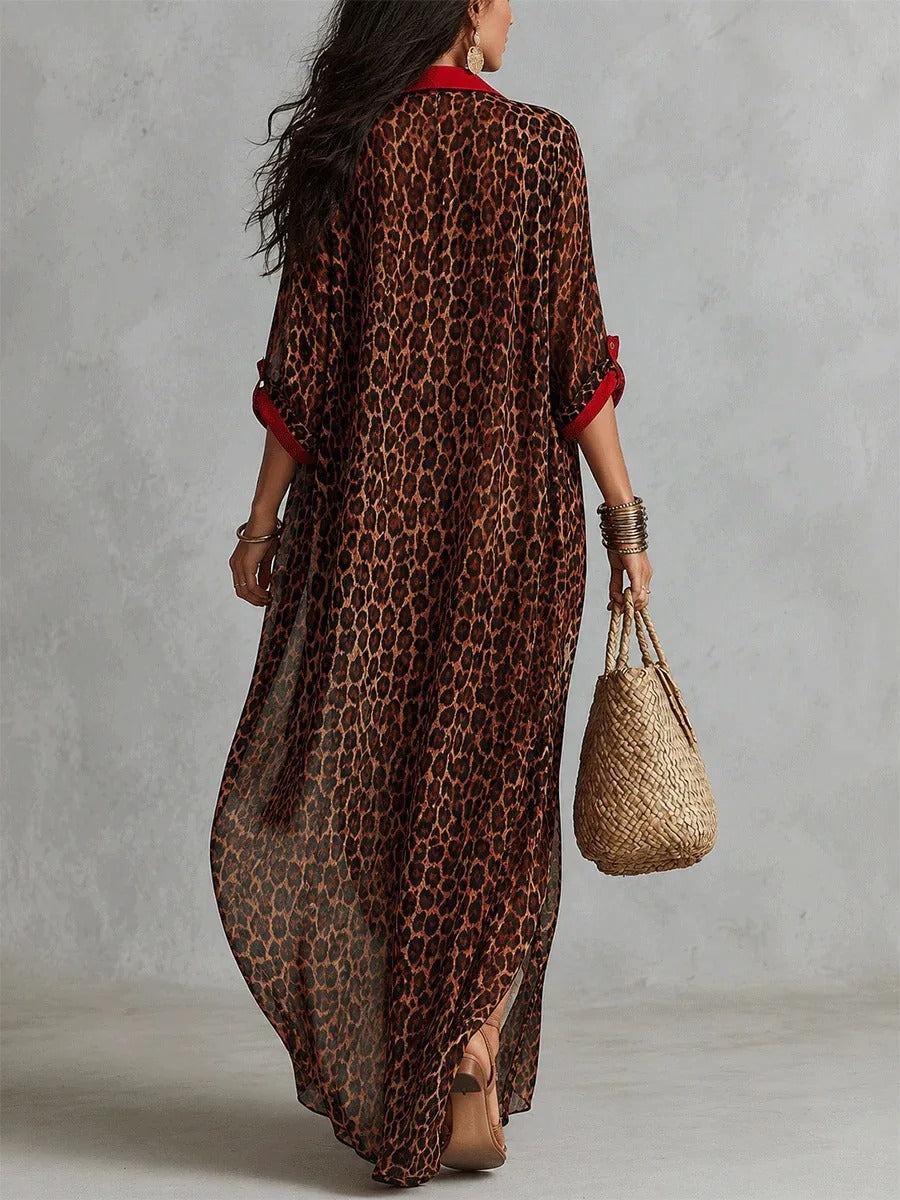 Valentina Vestido Maxi Camisero con Estampado Leopardo y Detalles en Contraste