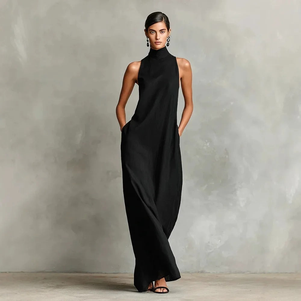 Marina Vestido Largo Holgado sin Mangas con Cuello Alto