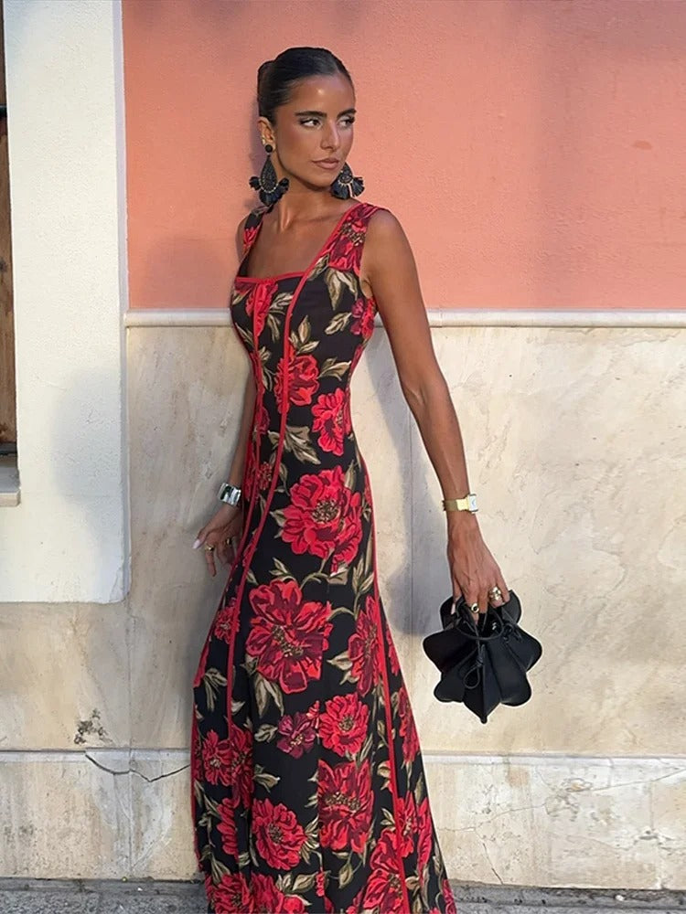 Valeria Vestido Maxi Floral con Escote Cuadrado
