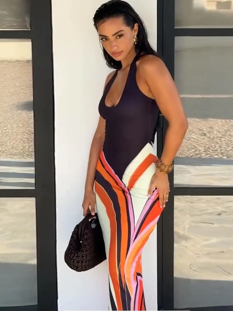 Samira Vestido Maxi Halter con Estampado Geométrico