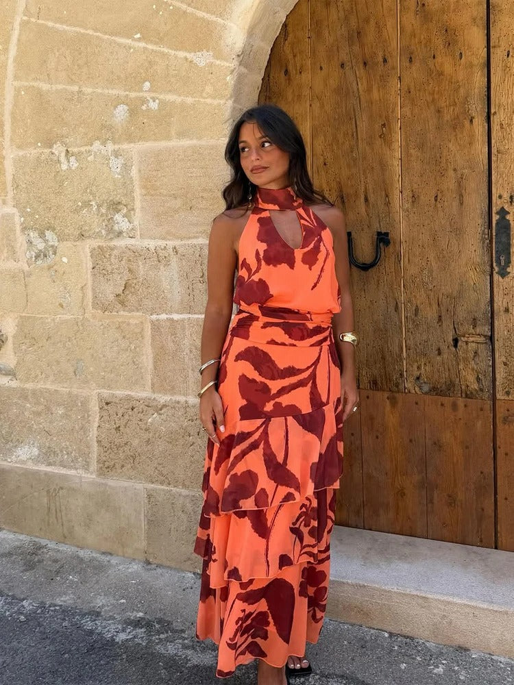 Amélie Vestido Maxi Halter Floral con Falda de Volantes
