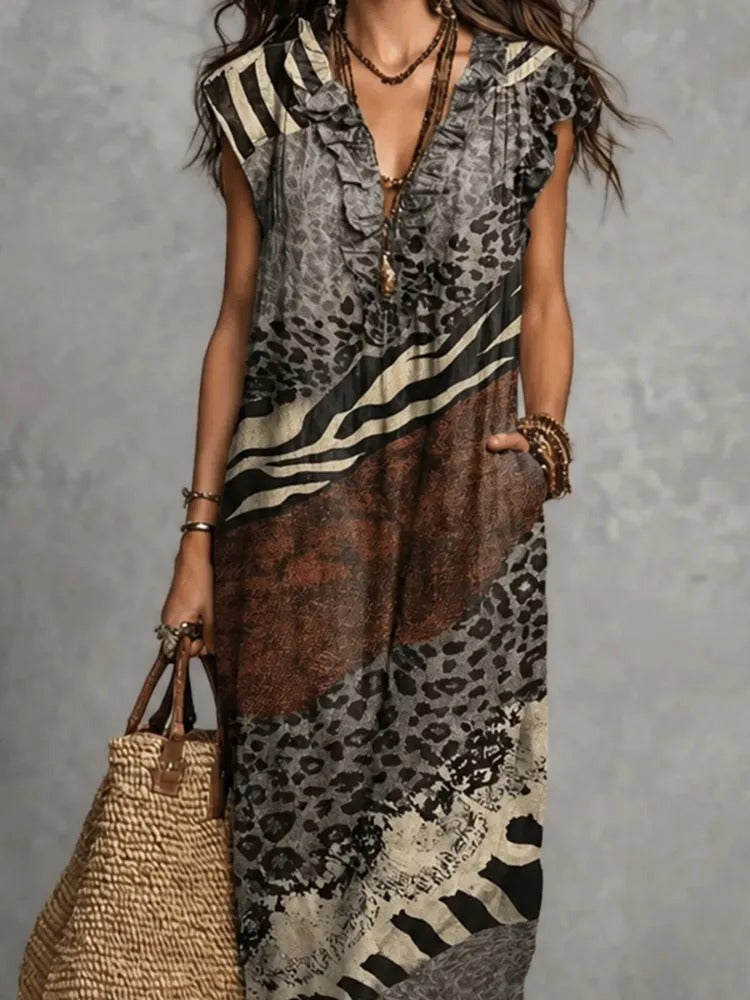 Sabina Vestido Maxi Bohemio con Estampado Animal y Volantes