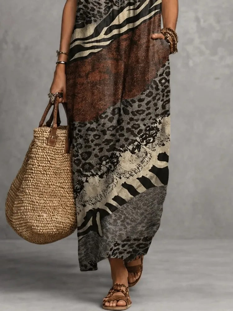 Sabina Vestido Maxi Bohemio con Estampado Animal y Volantes