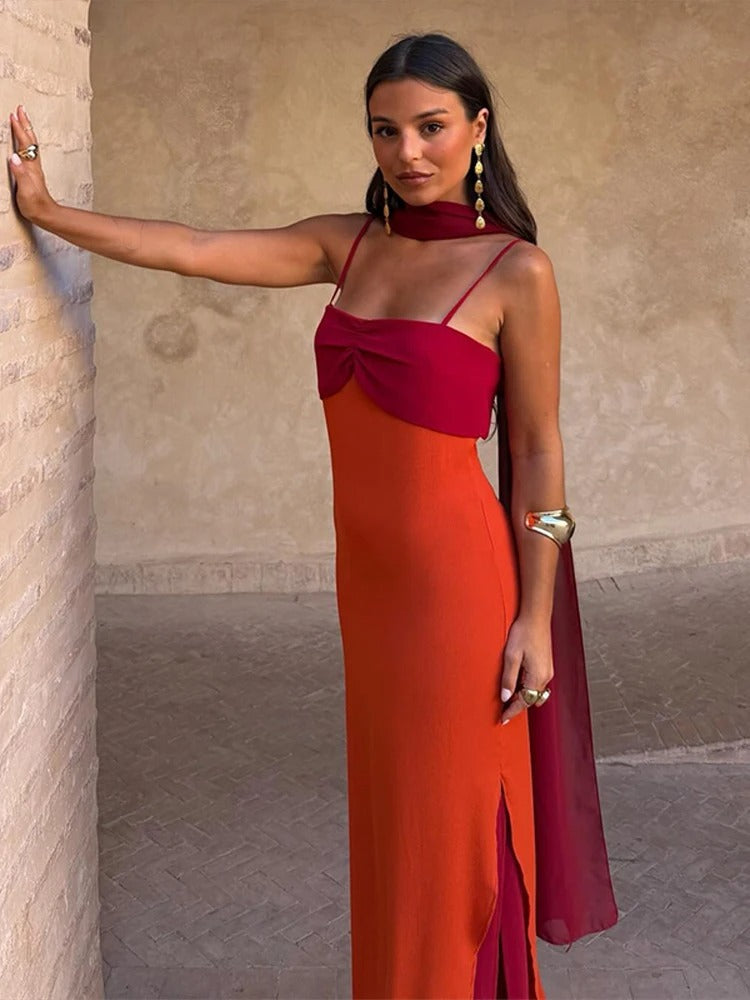 Lucía Vestido Maxi Bicolor con Tirantes y Detalle de Lazo