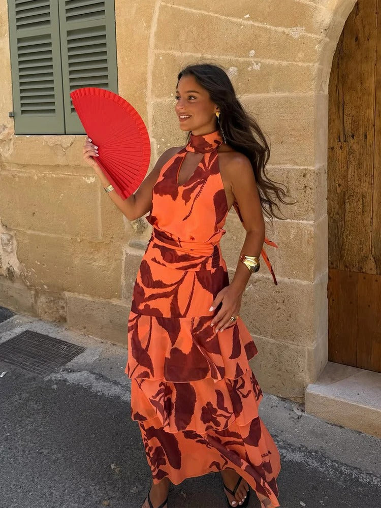 Amélie Vestido Maxi Halter Floral con Falda de Volantes