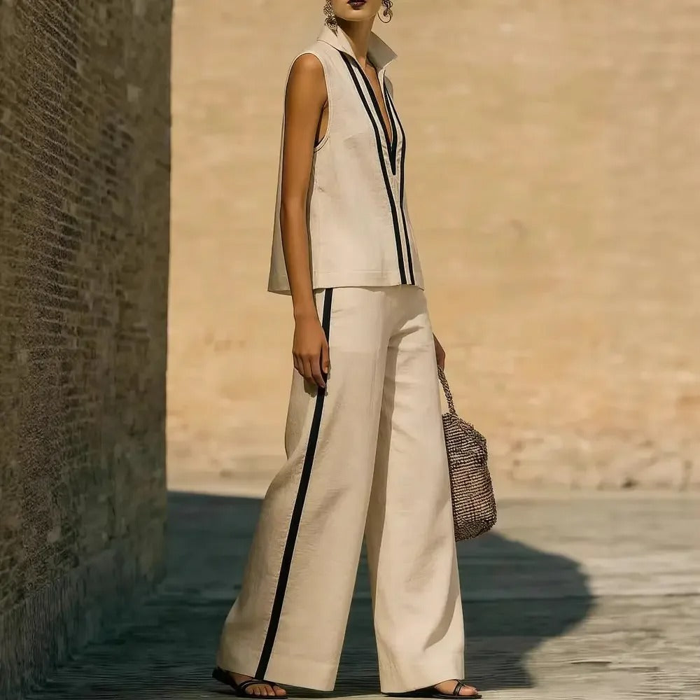 Blanca Conjunto de Lino Bicolor con Top de Cuello en V y Pantalón Ancho