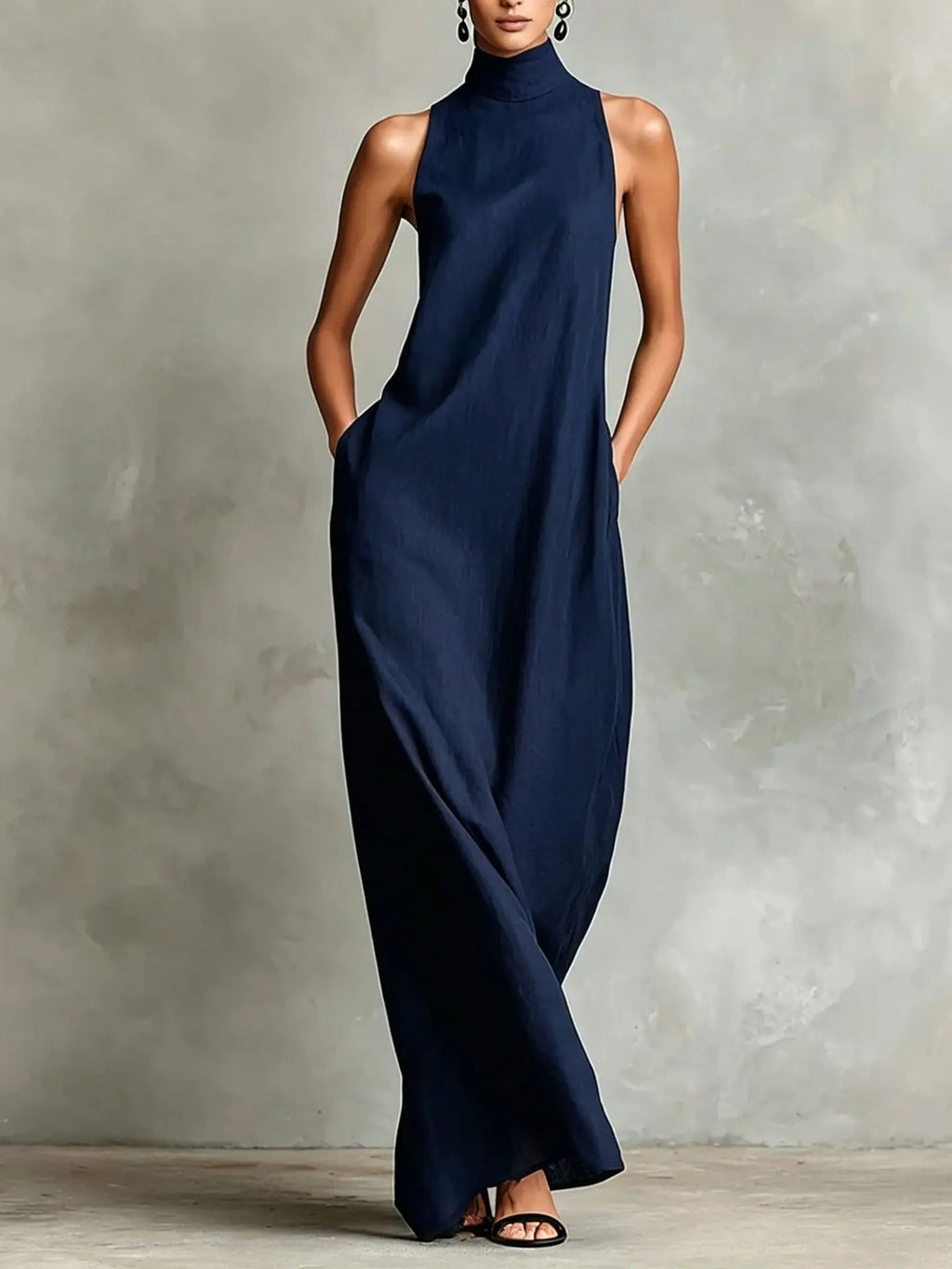 Marina Vestido Largo Holgado sin Mangas con Cuello Alto