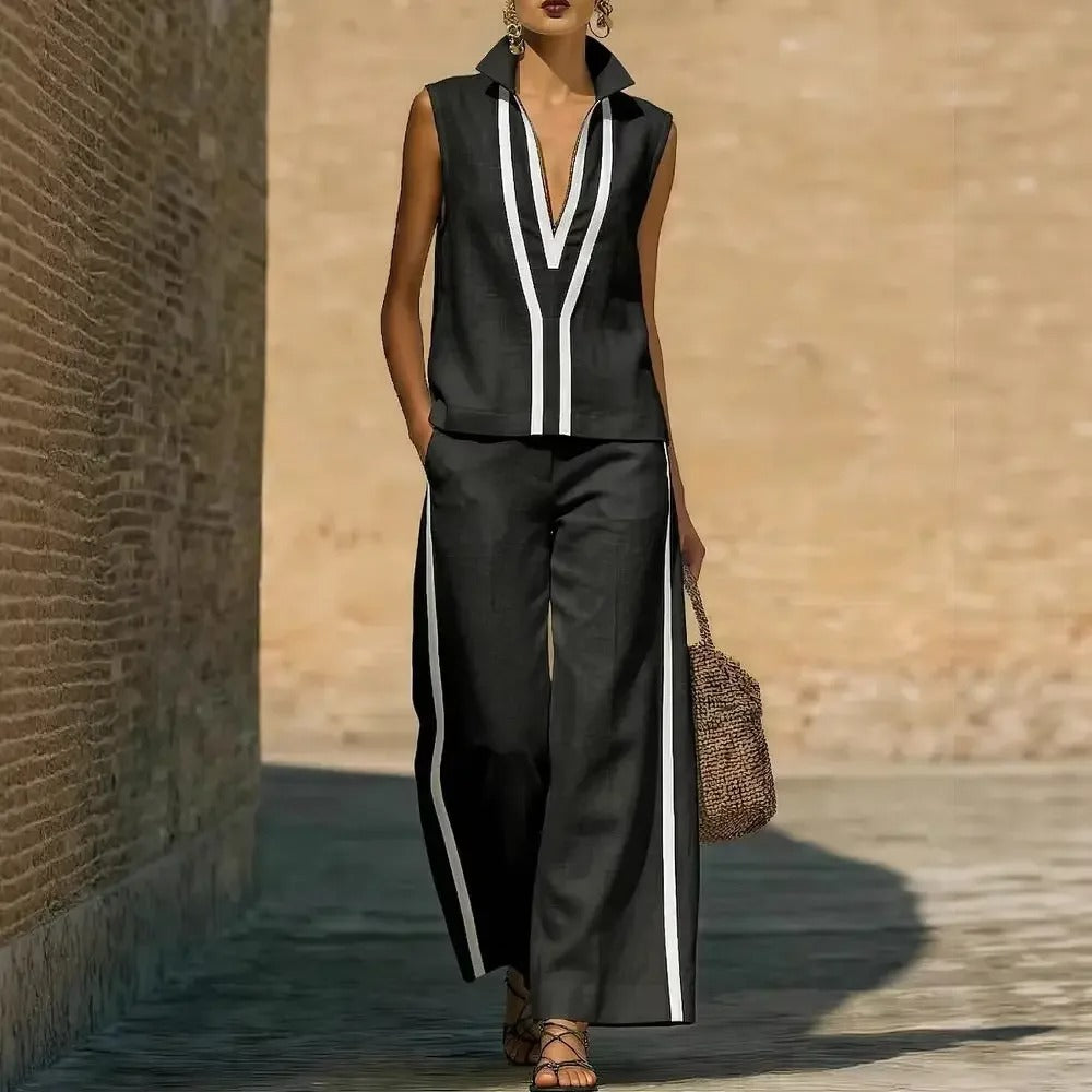 Blanca Conjunto de Lino Bicolor con Top de Cuello en V y Pantalón Ancho