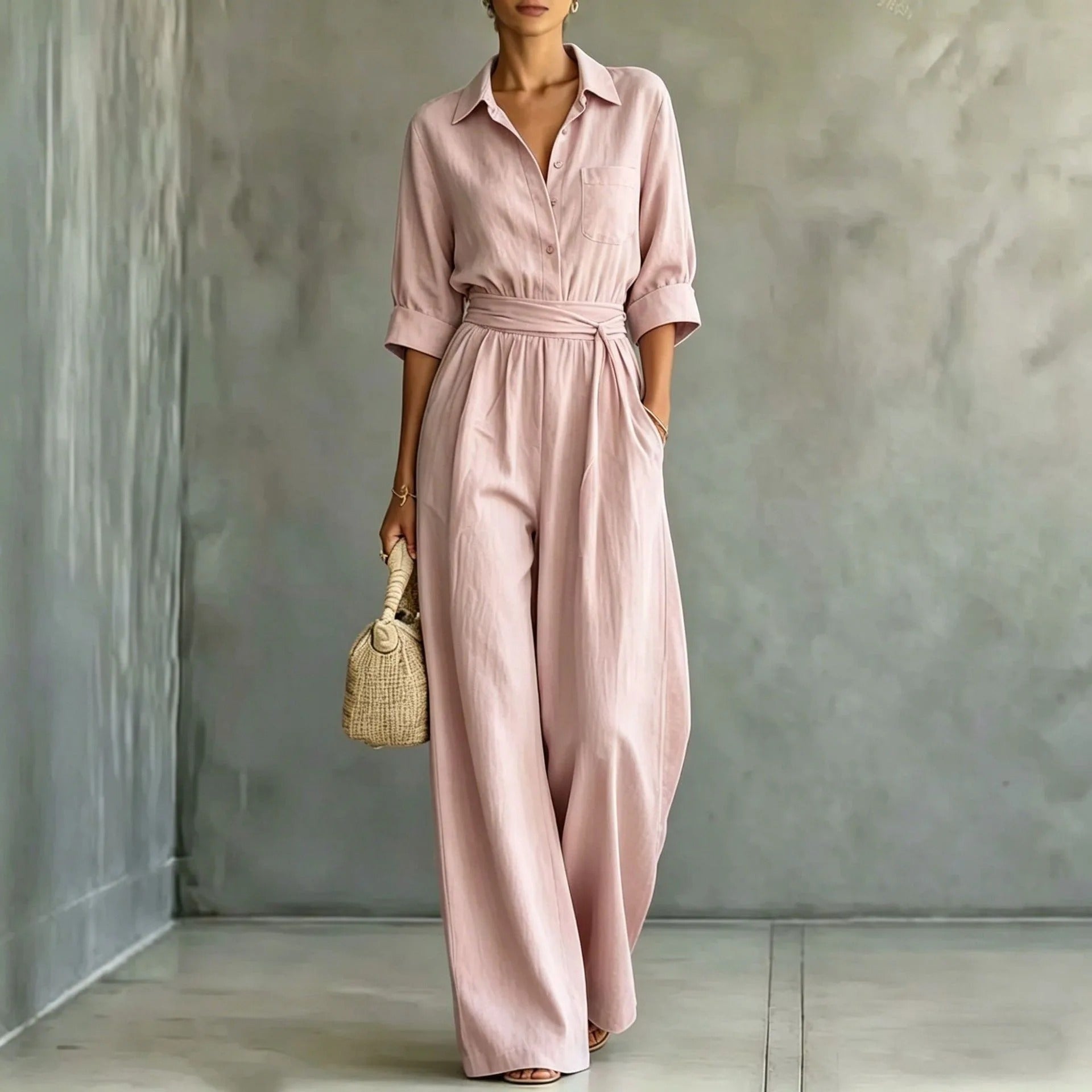 Elena Mono Elegante con Cintura Ajustable y Pantalón Ancho