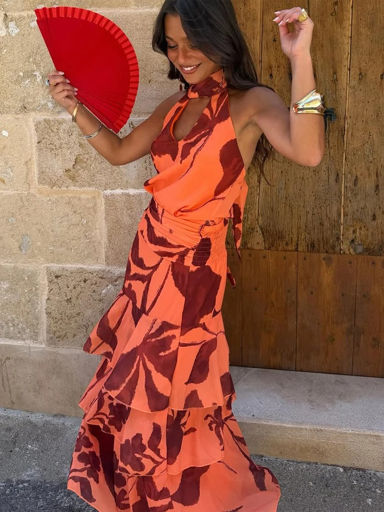 Amélie Vestido Maxi Halter Floral con Falda de Volantes