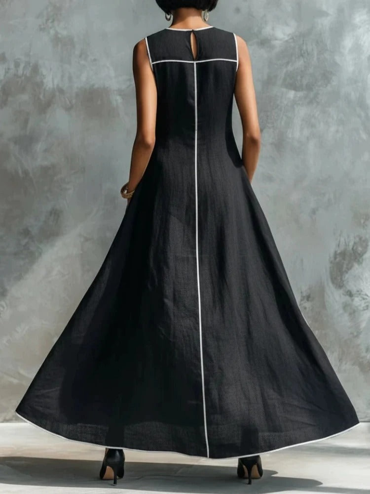 Carlota Vestido Maxi Negro con Ribetes en Contraste